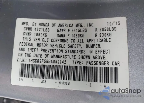2016 Honda Accord Sport from USA, damaged, VIN 1HGCR2F56GA059142
